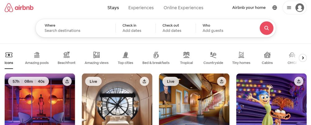 screenshot of airbnb homepage