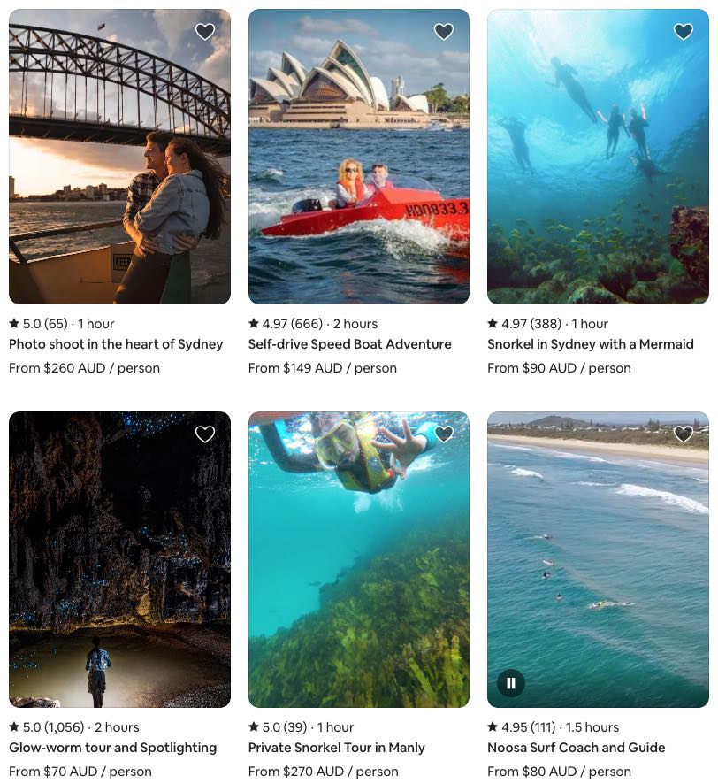 screenshot of airbnb experiences page