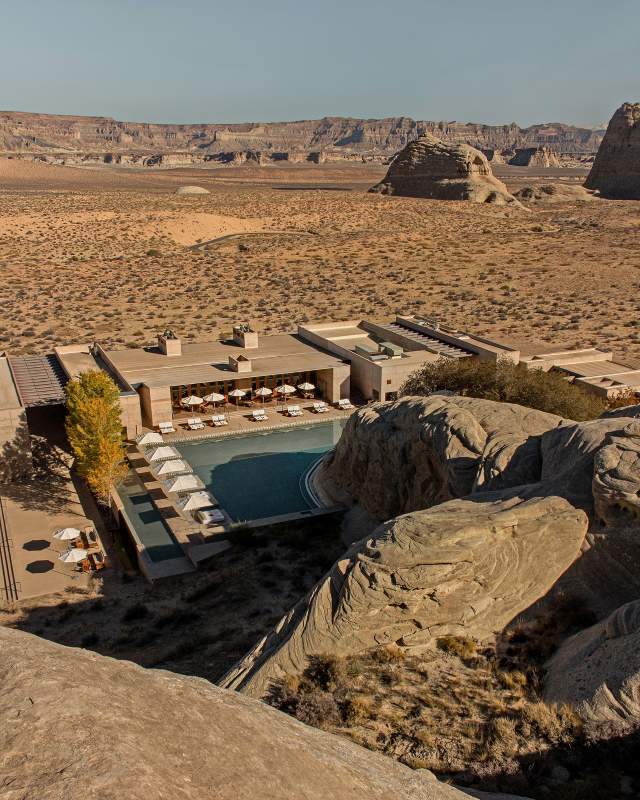 aerial view of a hotel in the middle of the desert - unique hotels in the world