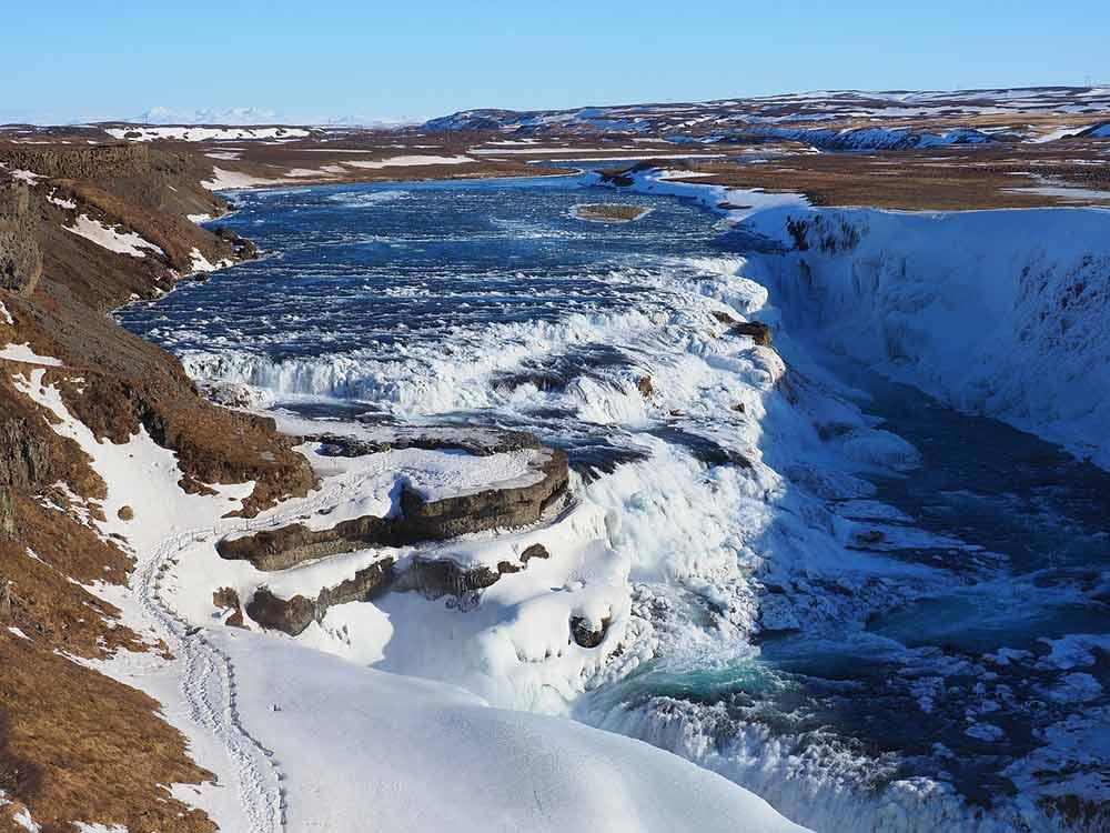 iceland gullfoss waterfall with snow