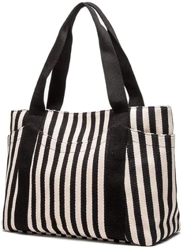 black and white strip mesh beach bag