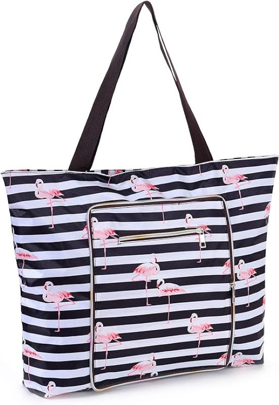 black and white stripe tote bag with flamingo design