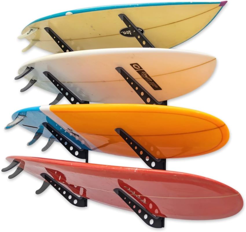 black surfboard rack with 4 different color surfboard in it