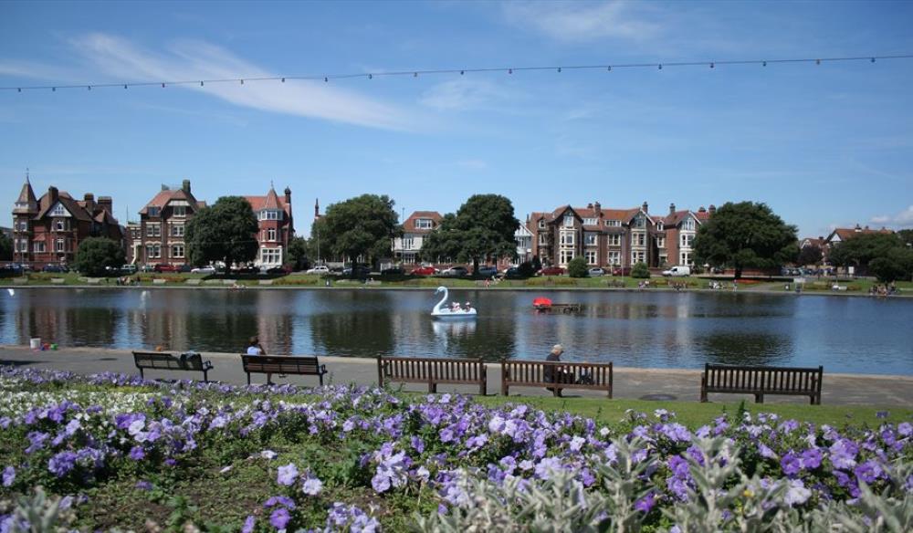 lake with swan like boat in it and purple flowers nearby- Best Things to Do in Portsmouth, UK