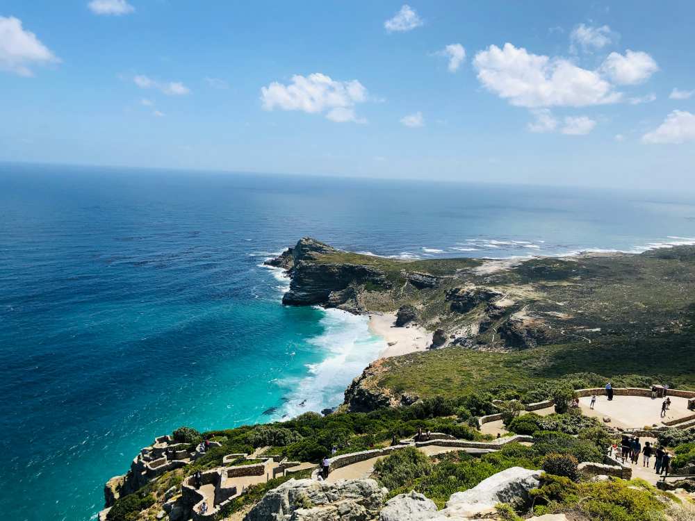 aerial view of an ocean near a rock formation full of green grass - best cities for nomads