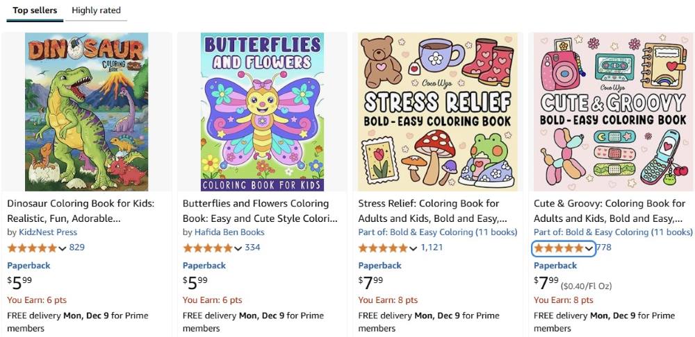 screenshot of coloring books available at Amazon