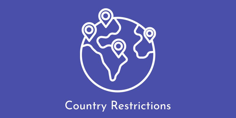 Cartoon image of a world with pin locations representing country restrictions