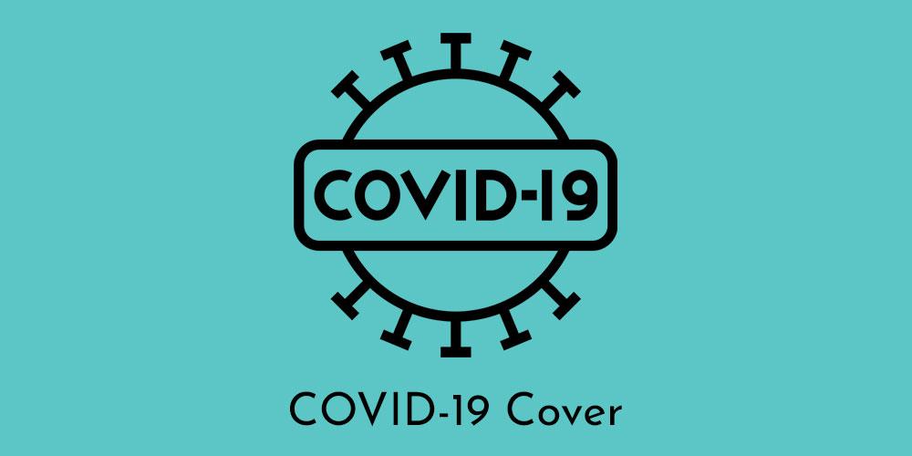 Cartoon image of a circle looking like a virus with Coivid-19 sign in the middle representing covid 19 coverage