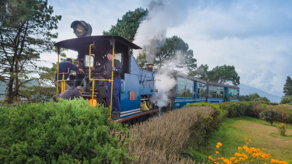 blue train with men in front surrounded by green plants and trees - most beautiful train rides in the world