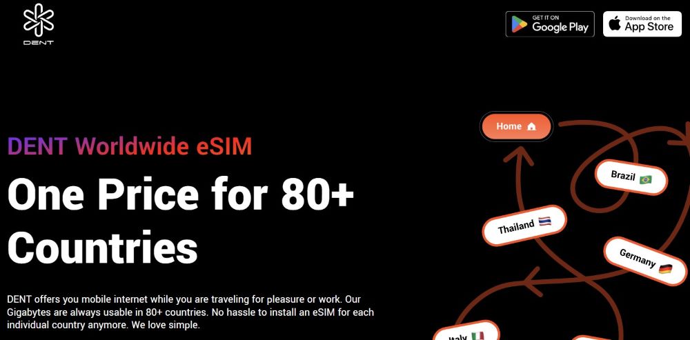 screenshot of DENT website - Best eSim for Nomads