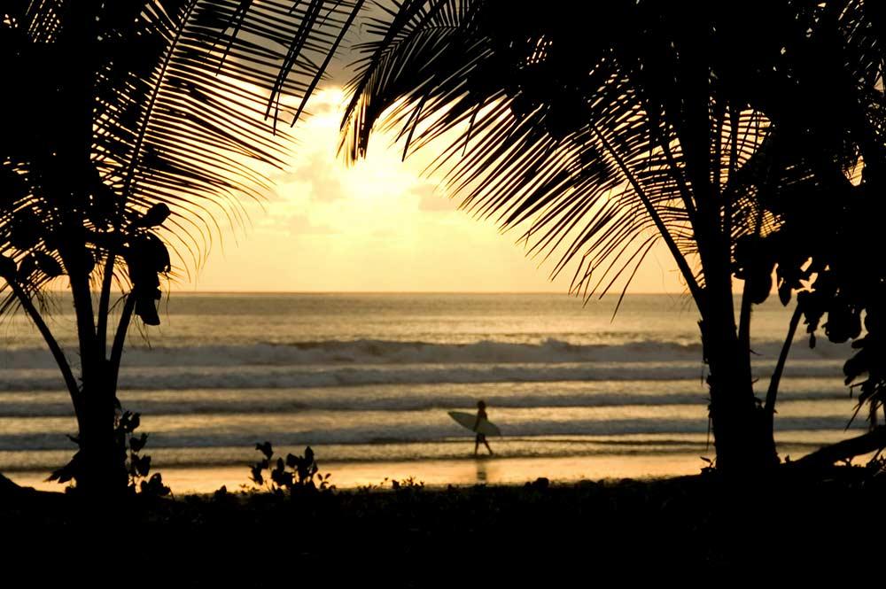 Sunset view of Dominical Beach, South Pacific with a surfer holding a surfboard heading the beach