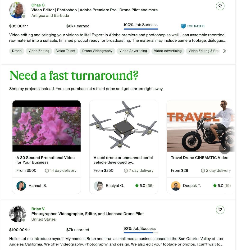 Screenshot of a profile of a Drone Photographers and Videographers in Upwork