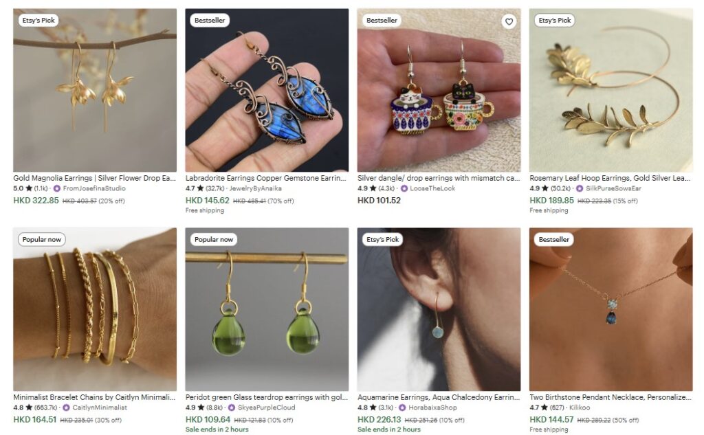 screenshot of handmade jewelry for sale at Etsy