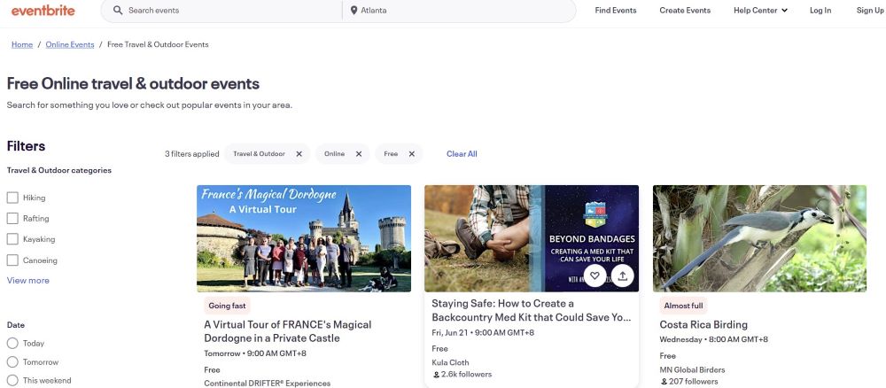 screenshot of eventbrite homepage