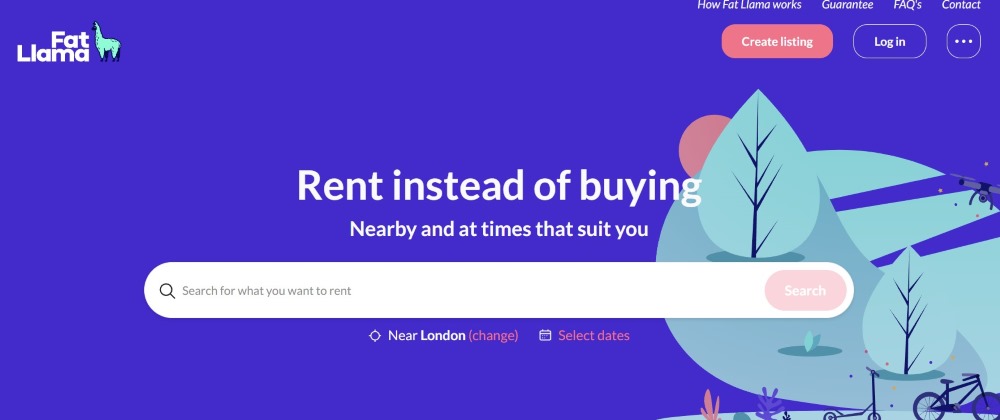 screenshot of Fat Llama homepage - Fun Side Hustles for 50+ Nomadic Adventurers