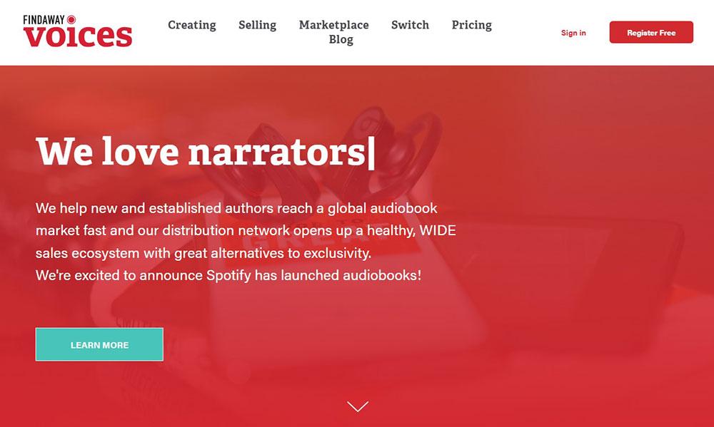 Screenshot of findaway voices homepage