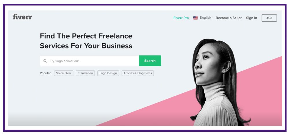 screenshot of Fiverr homepage - Fun Side Hustles for 50+ Nomadic Adventurers