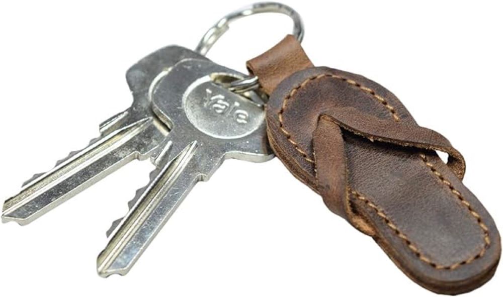brown flipflop keychain with 2 silver keys