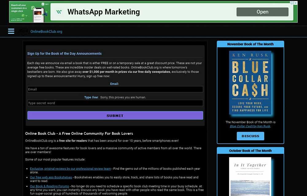Screenshot of Online book club homepage