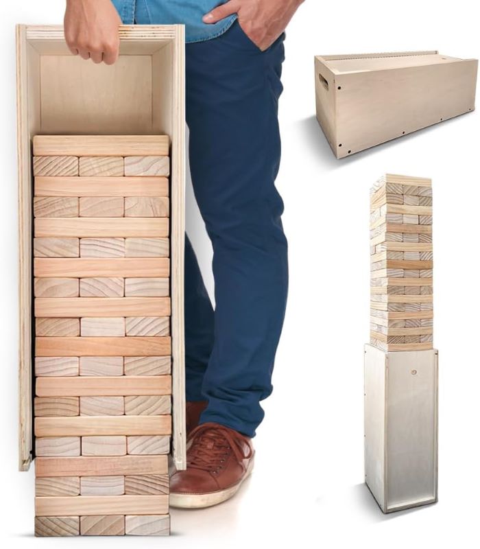 giant jenga as tall as the legs of a man