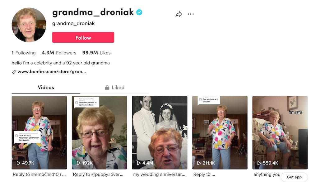 Screenshot of grandma_droniak profile in Tiktok