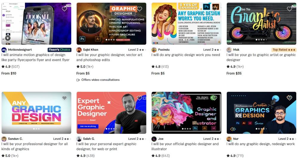 screenshot of Fiverr graphic designer profiles