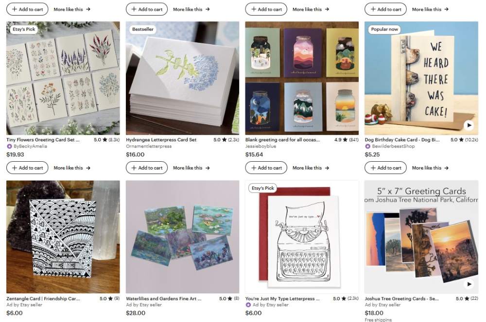 screenshot of Greeting Card posted at Etsy - Fun Side Hustles for 50+ Nomadic Adventurers