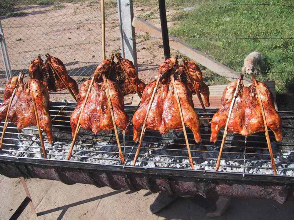 Thai grilled and marinated chicken dish stands on top of a charcoal grill outdoor