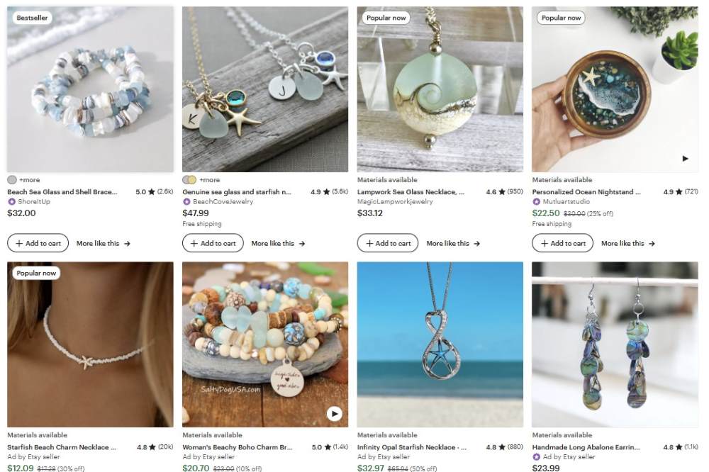screenshot of handmade beach jewelry posted for sale online - Fun Side Hustles for 50+ Nomadic Adventurers