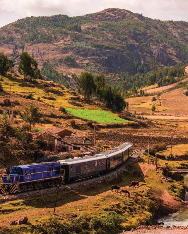 blue train surrounded with mountain view