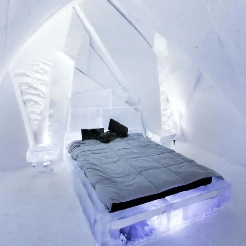 cozy thermal sleeping bag on a bed of ice.