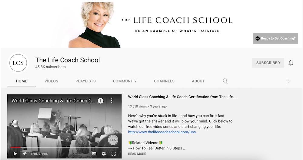 Screenshot of the life coach school youtube homepage