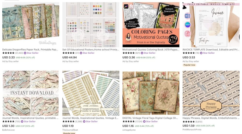 Screenshot of sample digital printables selling at etsy