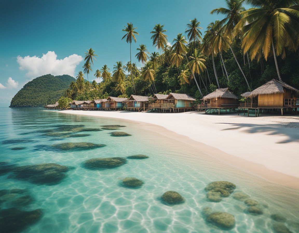napa hut in the side of the beach surrounded by coconut trees beside a clear beach