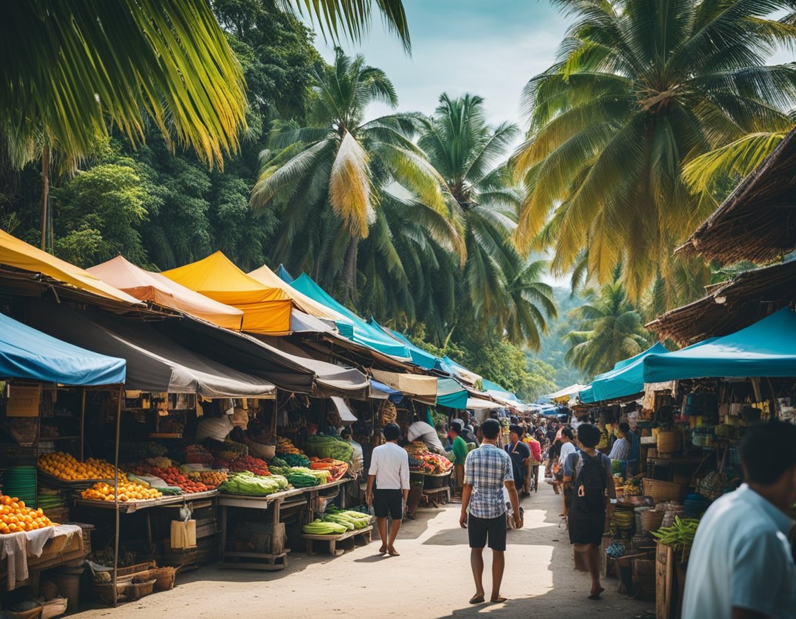 people in the middle of a food market selling fruits and vegetable