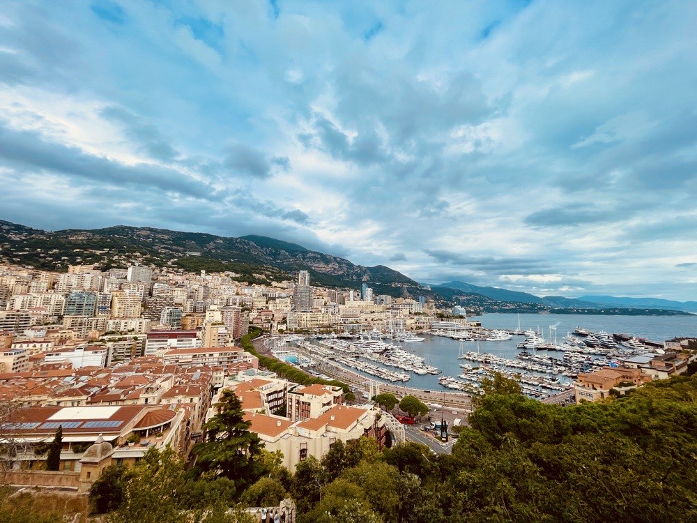 aerial view of the city with buildings and houses near the ocean