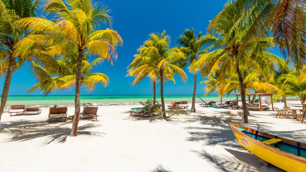 beach view full of coconut trees and bed bunks in front on the beach-25 Best Places to Visit in Mexico