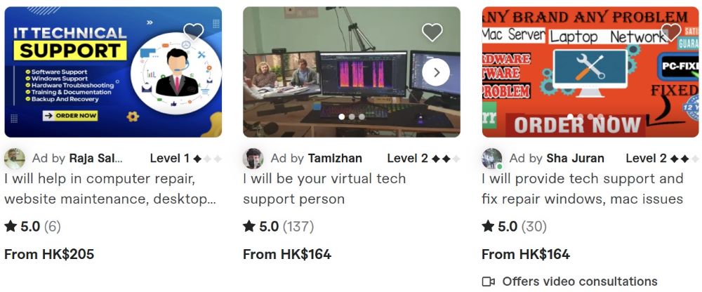 screenshot of IT support profile at Fiverr - Fun Side Hustles for 50+ Nomadic Adventurers