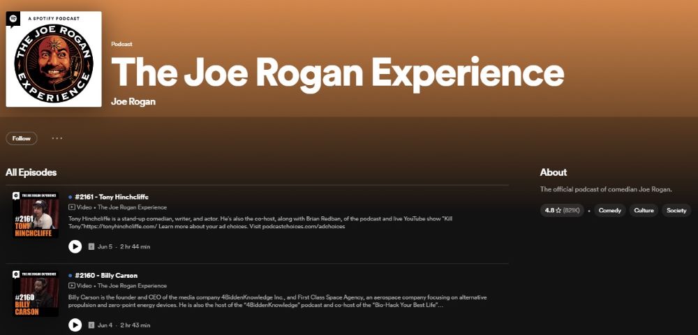 screenshot of Joe Rogan Experience Podcast page