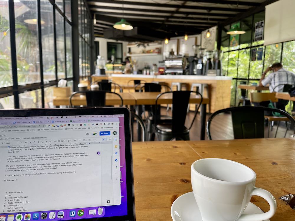 Image of a open laptop above a wooden table with white mug with coffee beside and the background looks like it's inside a coffee shop