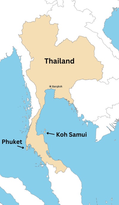 map showing Thailand and pointing to Koh Samui and Phuket