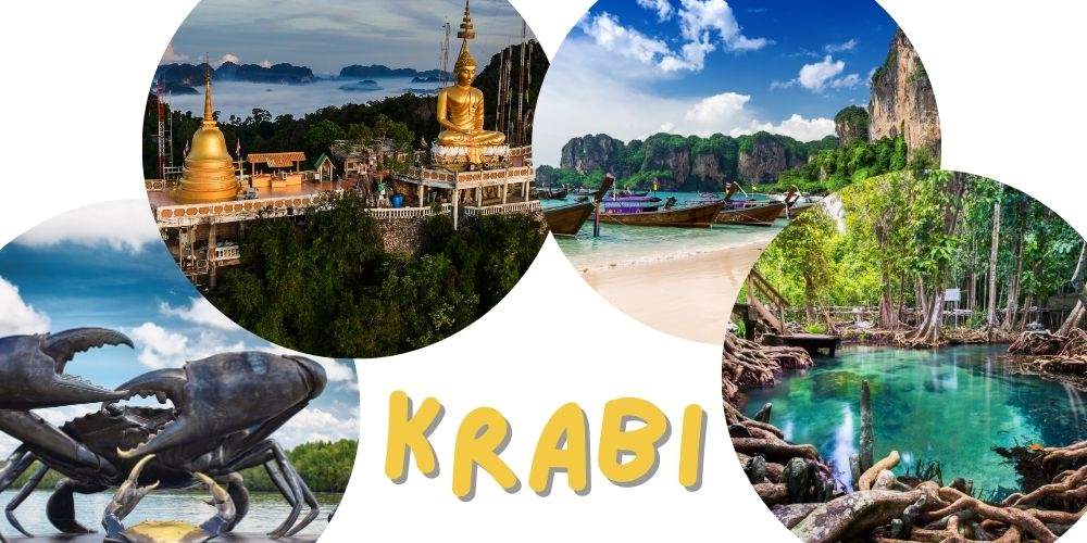 krabi attractions - clear water, crab statue, big buddha and beach with boat in the shore - phuket vs krabi