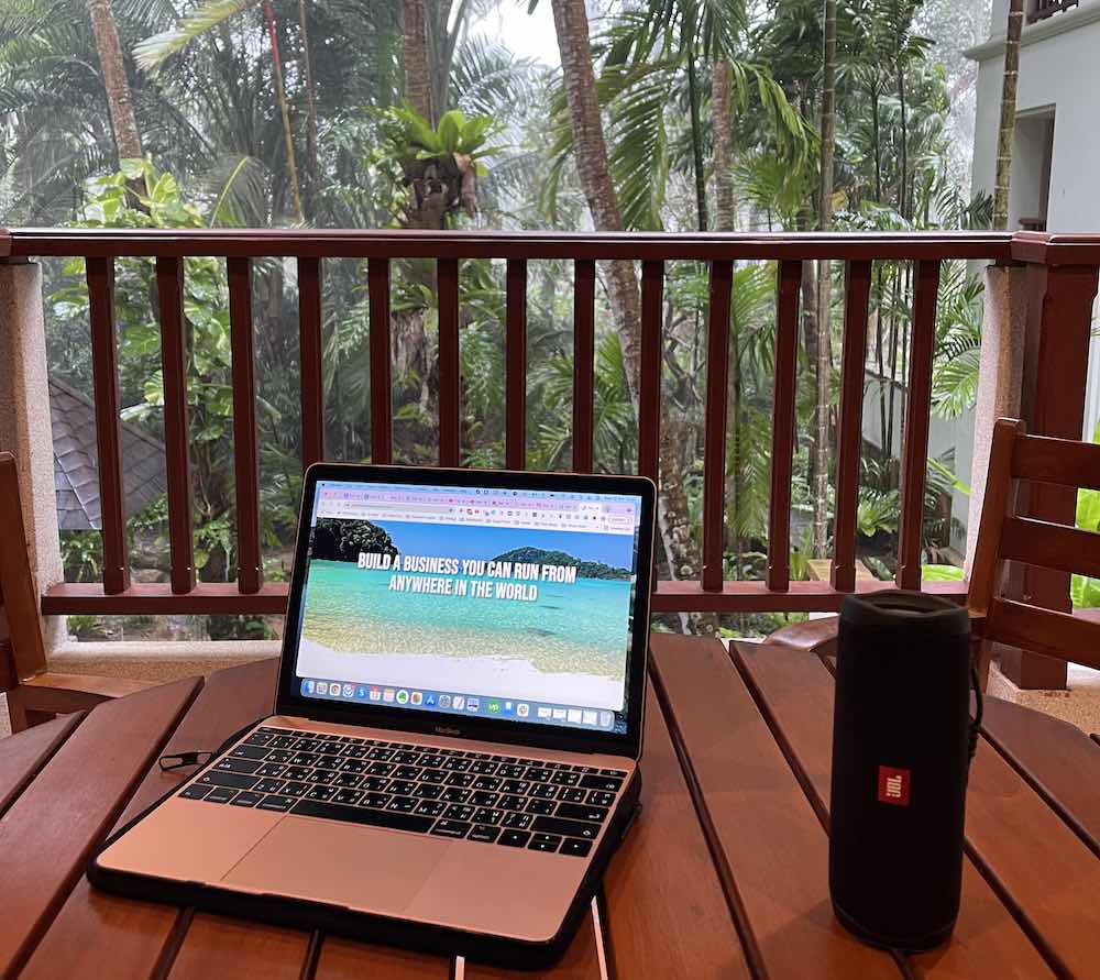 my laptop on the table at mai khao
