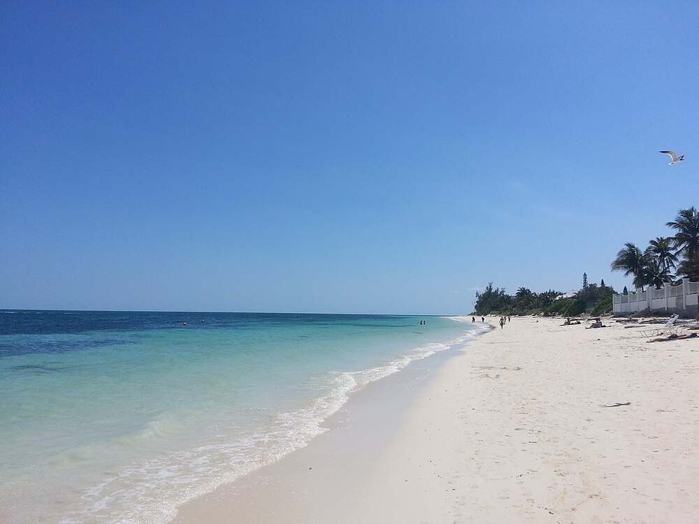 greenish blue beach and white sand at the Lucaya Beach