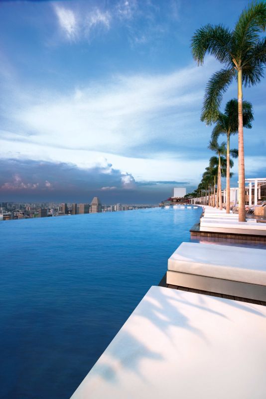 rooftop infinity pool surrounded by white beach bed and palm trees - unique hotels in the world