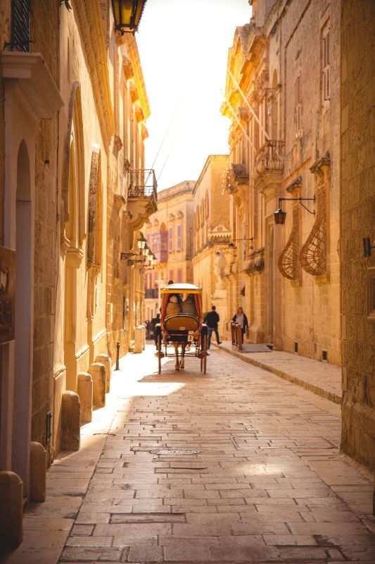 horse drawn carriage on a cobblestone street - medieval villages in europe