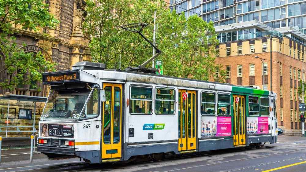 Melbourne tram in the middle of the road