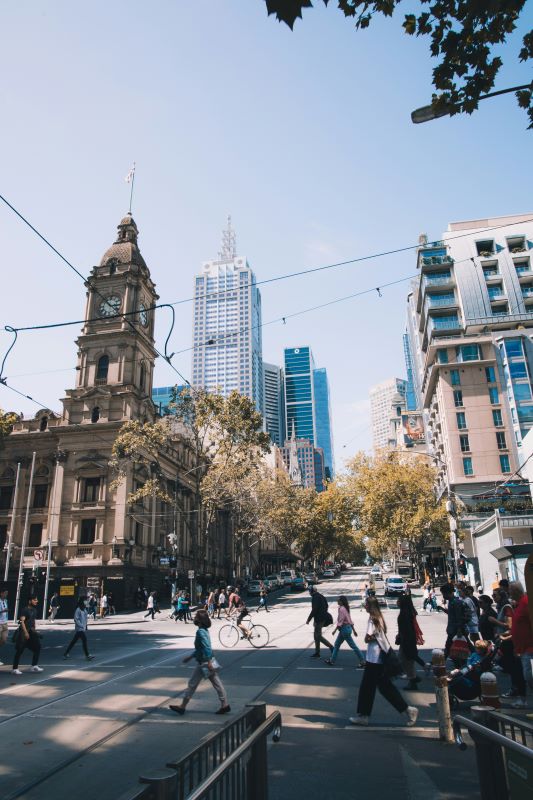 people walking in the street with buildings and trees - australia digital nomad visa