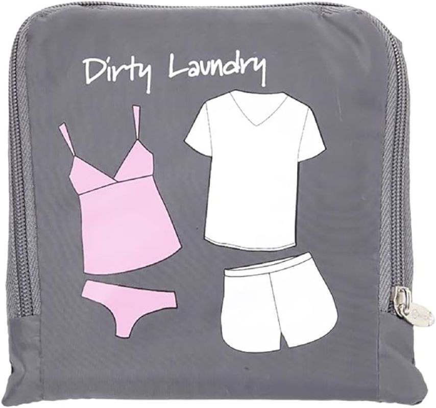 gray laundry bag with print of women and men shirt and shorts