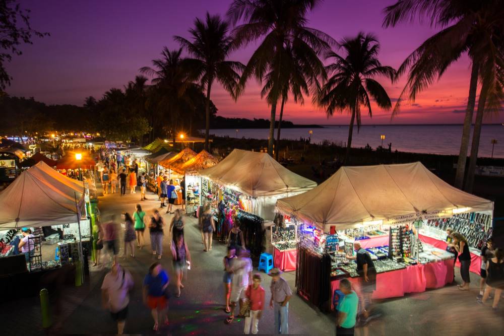 aerial view of all the stall/store line up near the beach
